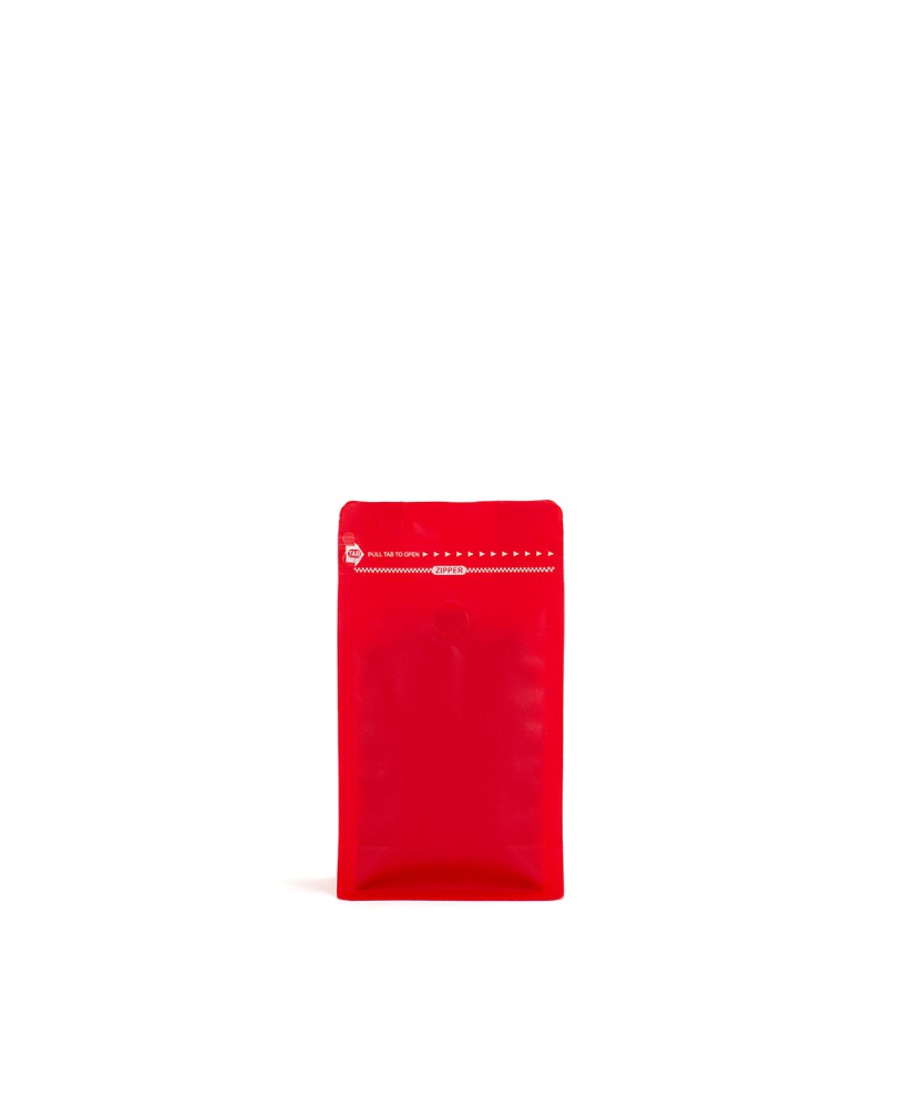 Flat bottom 150g recyclable, red matt + zipper + valve (100 pcs)